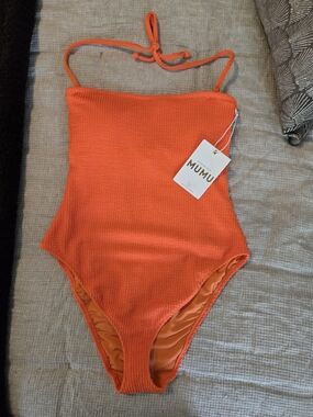 Show Me Your Mumu Neon Orange Crinkle One Piece Swimsuit NWT